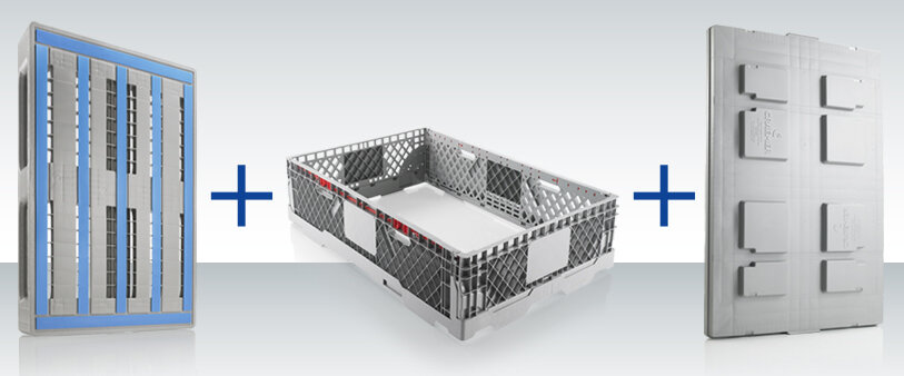 EURO L1 Pallet and a CC1 Pallet Collar and a Pallet Lid with Plus Signs between them